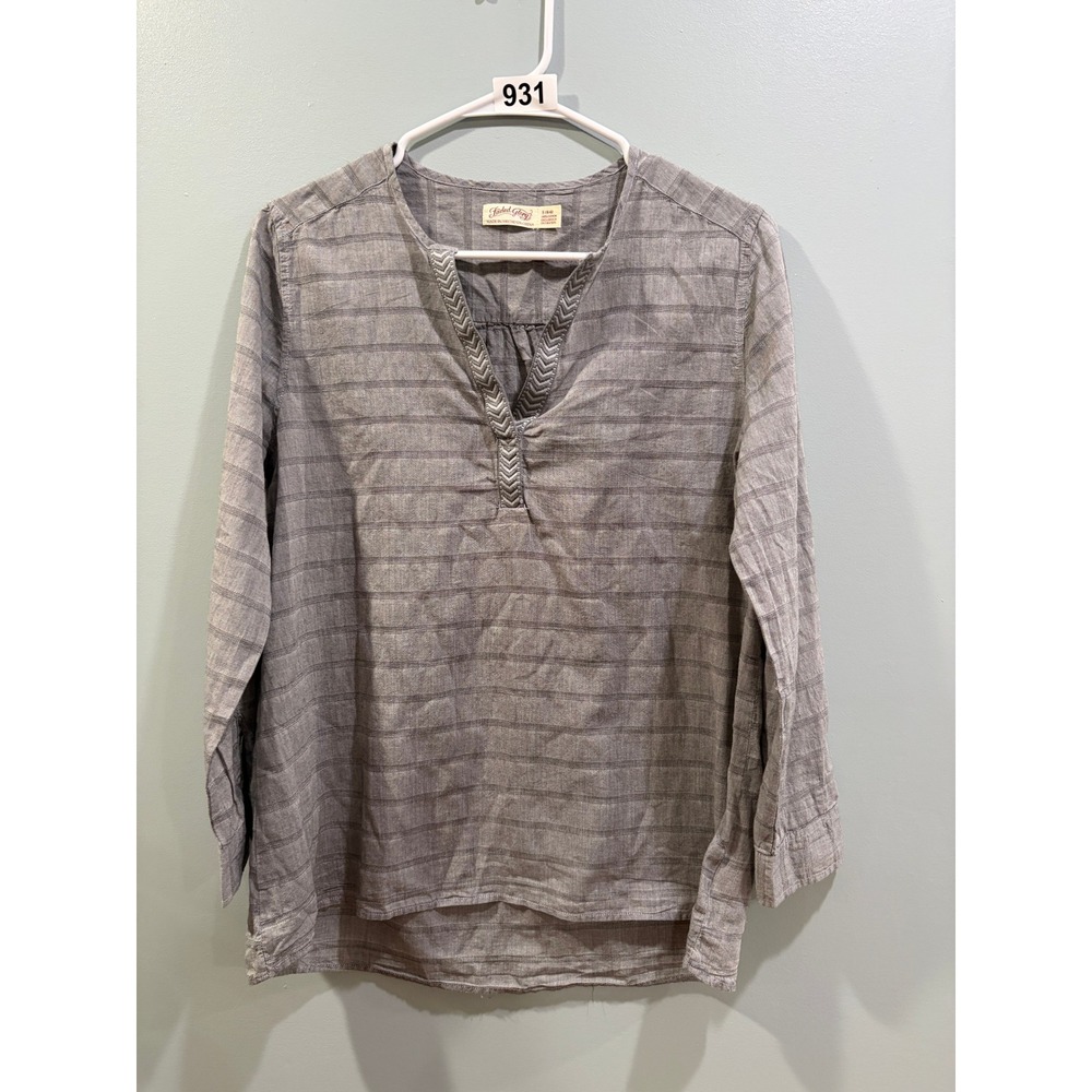 Faded Glory Womens Gray Striped V-Neck Embroidered Cotton Tunic Blouse Small 4-6